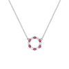 Rosecliff small open circle necklace with 12 alternating 2 mm faceted round cut rubies & diamonds prong set in 14k white gold