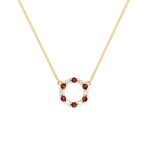 Rosecliff small open circle necklace with 12 alternating 2 mm round cut garnets & diamonds prong set in 14k gold - front view