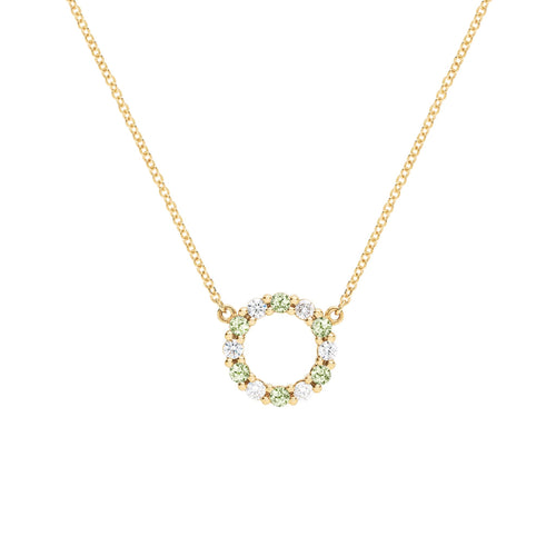 Rosecliff small open circle necklace with 12 alternating 2 mm peridots & diamonds prong set in 14k yellow gold - front view