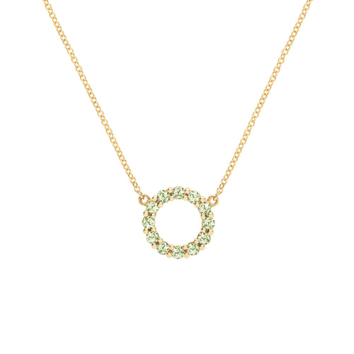 Rosecliff small open circle necklace featuring twelve 2mm round cut Peridots prong set in 14k yellow gold - front view