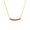 Rosecliff bar necklace with eleven 2 mm faceted round cut rubies prong set in solid 14k yellow gold - angled view
