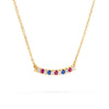 Rosecliff bar necklace with eleven alternating 2 mm diamonds, rubies & sapphires prong set in 14k yellow gold - angled view