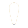 Rosecliff bar necklace with eleven alternating 2 mm round cut diamonds, rubies & sapphires prong set in 14k yellow gold