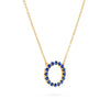 Rosecliff open circle necklace with sixteen 2 mm faceted round cut sapphires prong set in 14k yellow gold - angled view