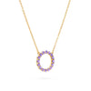 Rosecliff open circle necklace with sixteen 2 mm faceted round cut amethysts prong set in 14k yellow gold - angled view
