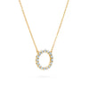 Rosecliff open circle necklace with sixteen 2 mm faceted round cut aquamarines prong set in 14k yellow gold - angled view