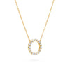 Rosecliff open circle necklace with sixteen 2 mm faceted round cut white topaz prong set in 14k yellow gold - angled view