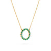 Rosecliff open circle necklace with sixteen 2 mm faceted round cut emeralds prong set in 14k yellow gold - angled view