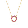 Rosecliff open circle necklace with sixteen 2 mm faceted round cut rubies prong set in 14k yellow gold - angled view