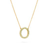 Rosecliff open circle necklace with sixteen 2 mm faceted round cut peridots prong set in 14k yellow gold - angled view