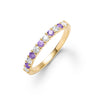 Rosecliff stackable ring featuring eleven alternating 2mm amethysts and diamonds prong set in 14k yellow gold - front view