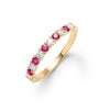 Rosecliff stackable ring featuring eleven alternating 2mm rubies and diamonds prong set in 14k yellow gold - front view