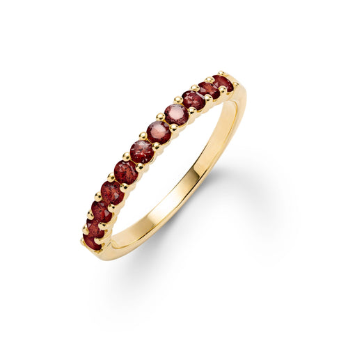 Rosecliff stackable ring featuring eleven 2 mm faceted round cut garnets prong set in 14k yellow gold - front view