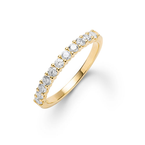Rosecliff stackable ring featuring eleven 2 mm faceted round cut white topaz prong set in 14k yellow gold - front view