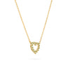 Rosecliff Heart Necklace featuring twelve faceted round cut peridots prong set in 14k yellow Gold - angled view