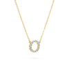 Rosecliff small open circle necklace featuring twelve 2mm round cut Nantucket blue topaz prong set in 14k gold - angled view