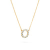 Rosecliff small circle necklace featuring twelve 2mm faceted round cut aquamarines prong set in 14k yellow gold - angled view