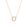Rosecliff small circle necklace featuring twelve 2mm faceted round cut white topaz prong set in 14k yellow gold - angled view