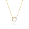 Rosecliff small circle necklace featuring twelve 2mm faceted round cut diamonds prong set in 14k yellow gold - angled view