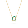 Rosecliff small circle necklace featuring twelve 2mm faceted round cut emeralds prong set in 14k yellow gold - angled view