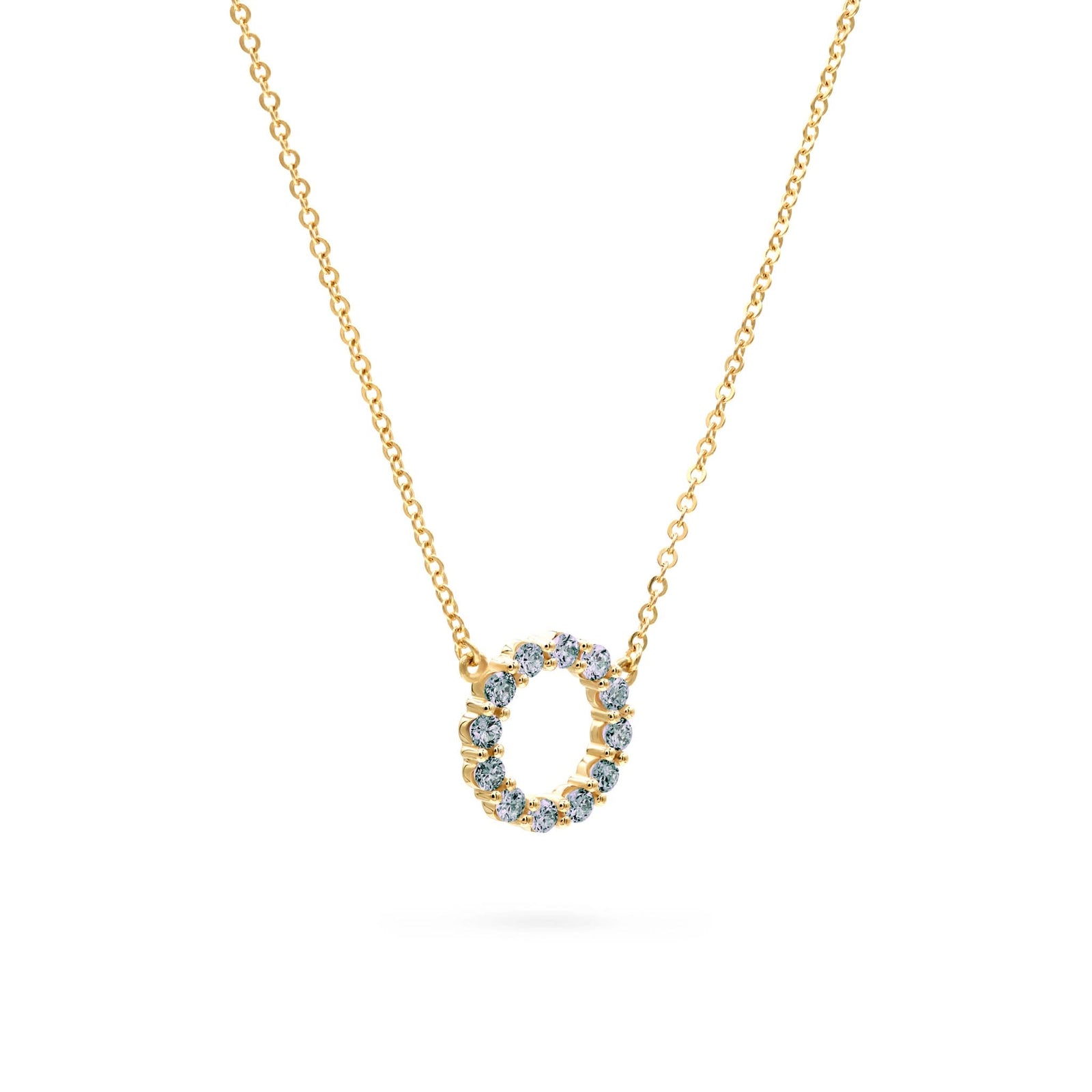 Rosecliff small circle necklace featuring twelve 2mm faceted round cut alexandrites prong set in 14k gold - angled view