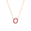 Rosecliff small open circle necklace featuring twelve 2 mm round cut pink tourmalines prong set in 14k gold - angled view