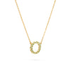 Rosecliff small open circle necklace featuring twelve 2mm round cut Peridots prong set in 14k yellow gold - angled view