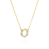 Rosecliff small open circle necklace with 12 alternating 2 mm peridots & diamonds prong set in 14k yellow gold - angled view