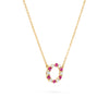 Rosecliff small open circle necklace with 12 alternating 2 mm round cut rubies & diamonds prong set in 14k gold - angled view