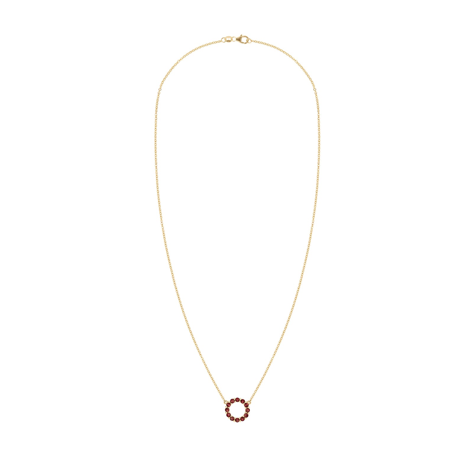 Rosecliff small circle necklace featuring twelve 2mm faceted round cut garnets prong set in 14k yellow gold