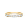 Rosecliff stackable ring featuring eleven alternating 2mm round cut aquamarines and diamonds prong set in 14k yellow gold