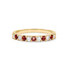 Rosecliff stackable ring featuring eleven alternating 2mm faceted round cut garnets and diamonds prong set in 14k gold