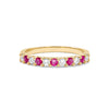 Rosecliff stackable ring featuring eleven alternating 2mm faceted round cut rubies and diamonds prong set in 14k yellow gold