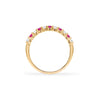 Rosecliff stackable ring featuring eleven alternating 2mm round cut rubies and diamonds prong set in 14k gold - standing view