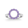 Rosecliff small open circle ring featuring twelve 2 mm faceted round cut amethysts prong set in 14k white gold