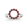 Rosecliff small open circle ring featuring twelve 2 mm faceted round cut garnets prong set in 14k white gold
