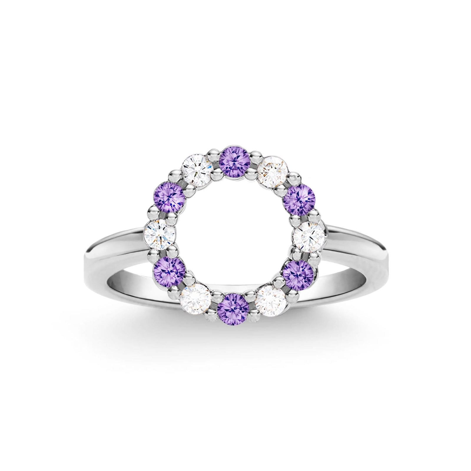 Rosecliff small open circle ring featuring twelve alternating 2 mm amethysts and diamonds prong set in 14k white gold