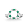 Rosecliff small open circle ring featuring twelve alternating 2 mm emeralds and diamonds prong set in 14k white gold