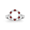 Rosecliff small open circle ring featuring twelve alternating 2 mm round cut garnets and diamonds prong set in 14k white gold