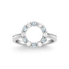 Rosecliff small open circle ring featuring twelve alternating 2 mm aquamarines and diamonds prong set in 14k white gold