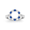 Rosecliff small open circle ring featuring twelve alternating 2 mm sapphires and diamonds prong set in 14k white gold