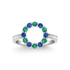 Rosecliff small open circle ring featuring twelve alternating 2 mm sapphires and emeralds prong set in 14k white gold