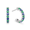 Two Rosecliff huggie earrings in 14k white gold each featuring nine alternating 2mm round cut sapphires and emeralds