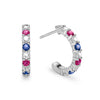 Liberty Rosecliff huggie earrings in 14k white gold featuring nine alternating 2mm round cut rubies, sapphires and diamonds