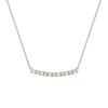 Rosecliff bar necklace with eleven alternating 2 mm faceted round cut peridots and diamonds prong set in 14k white gold