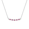 Rosecliff bar necklace with eleven alternating 2 mm faceted round cut rubies and diamonds prong set in 14k white gold