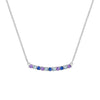 Rosecliff bar necklace with eleven alternating 2 mm amethysts, Nantucket blue topaz & sapphires prong set in 14k white gold