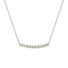 Rosecliff bar necklace with eleven 2 mm faceted round cut peridots prong set in solid 14k white gold