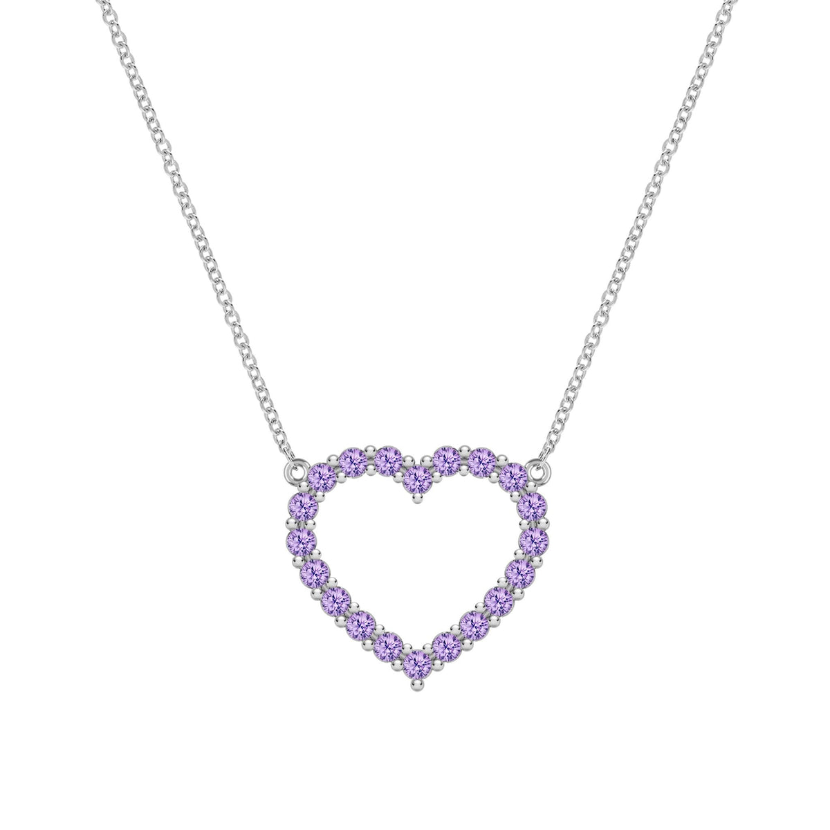 Rosecliff Heart Necklace featuring twenty faceted round cut amethysts prong set in 14k white Gold