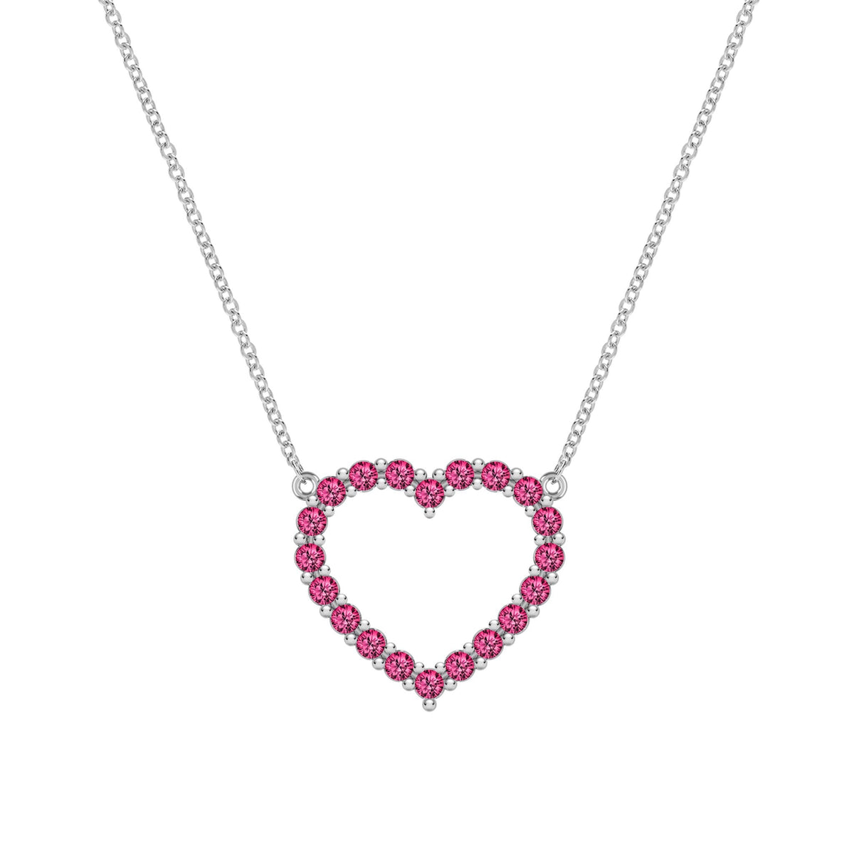 Rosecliff Heart Necklace featuring twenty faceted round cut rubies prong set in 14k white Gold